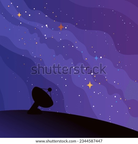 Starry sky and radio telescope vector illustration. Night landscape of space research station antenna with stars and galaxies in sky. Space and universe exploration, science concept