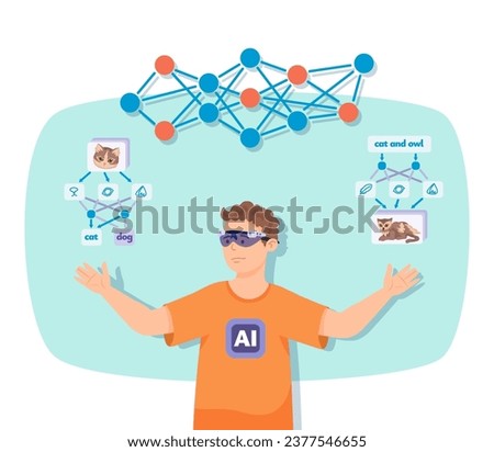 Boy in VR glasses exploring and visualizing neural networks, image and text recognition. Artificial intelligence, machine learning, virtual reality, digital technology concept