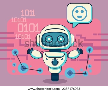 Cute robot with smile emoticon in speech bubble. Flat vector illustration. Advertisement, artificial intelligence, ad insertion concept