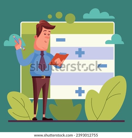 Business man with pencil and clipboard analyzing data. Flat vector illustration. Pluses and minuses on background. Business report, analysis concept