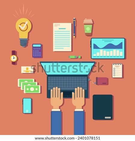 Top view of desk with business toolbox. Vector illustration of laptop, tablet, smartphone, watches, pen, documents, money. Business man working on computer
