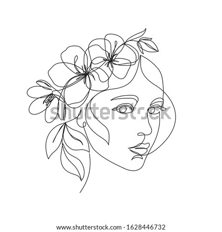 Woman face with flowers one line drawing. Continuous line drawing art. Flower bouquet in woman head single line art. Vector line illustration. Nature cosmetics. Minimalist Black White Drawing Artwork
