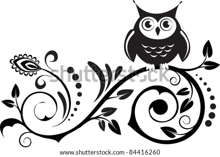 stock vector : cute own on a branch with decorative leaves