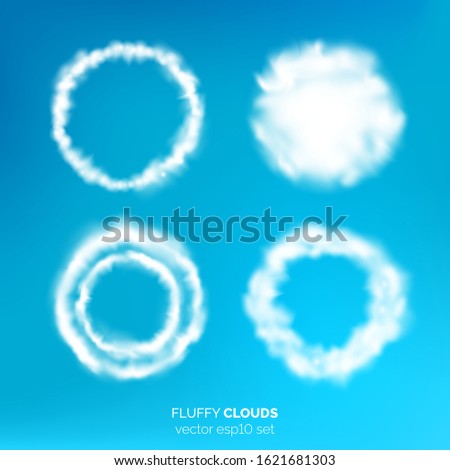 Fluffy circular cloud frames. Circle white clouds isolated on holf transparent background. Vector illustration for your graphic design.