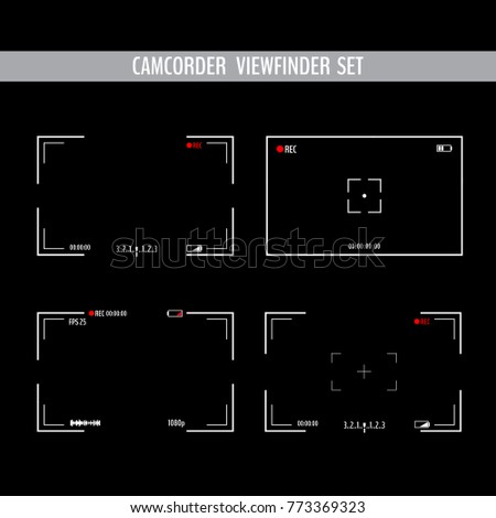 Various camera screens with white frame, figures and battery symbol. Camcorder viewfinder set on black background. Vector illustration for your graphic design.