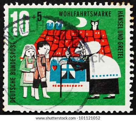 GERMANY - CIRCA 1961: a stamp printed in the Germany shows Hansel, Gretel and Witch, Scene from Hansel and Gretel, circa 1961