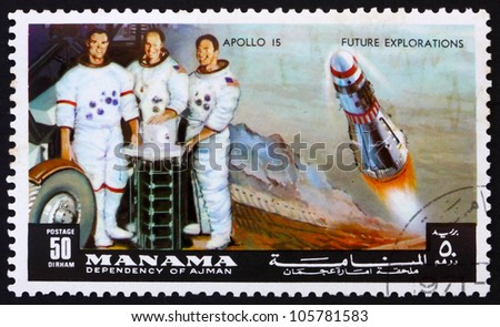 MANAMA - CIRCA 1972: a stamp printed in the Manama Bahrain shows Astronauts Scott, Worden and Irwin, Apollo 15, Mission to the Moon, circa 1972