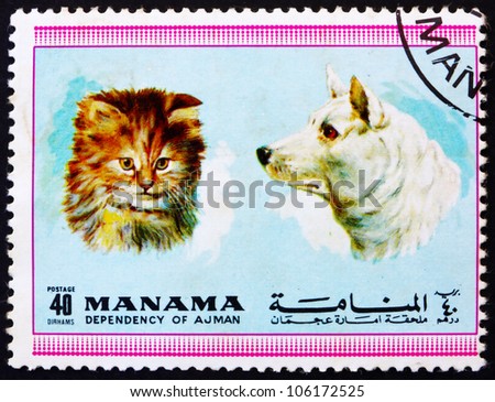 MANAMA - CIRCA 1972: a stamp printed in the Manama shows Dog and Cat, Pets, circa 1972