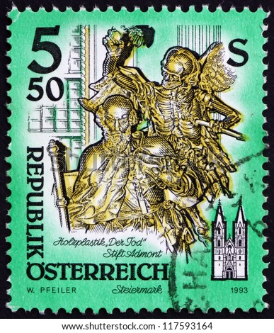 AUSTRIA - CIRCA 1993: a stamp printed in the Austria shows Death, Wooden Statue by Josef Stamel, Styria, Monastery of Admont, circa 1993