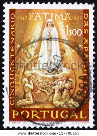 PORTUGAL - CIRCA 1985: a stamp printed in the Portugal shows Apparition of Our Lady of Fatima, 50th Anniversary, circa 1985