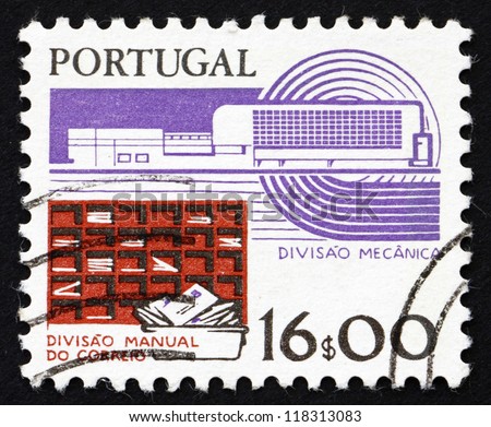 PORTUGAL - CIRCA 1983: a stamp printed in the Portugal shows Manual and Mechanical Mail Processing, Work Tools, Old and New, circa 1983