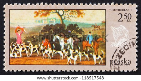 POLAND - CIRCA 1968: a stamp printed in the Poland shows Fox Hunt, by T. Sutherland, Hunt Painting, circa 1968