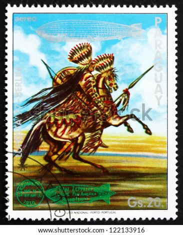 PARAGUAY - CIRCA 1977: a stamp printed in Paraguay shows Indian on Horse, US, Graf Zeppelin 1st South America Flight, circa 1977