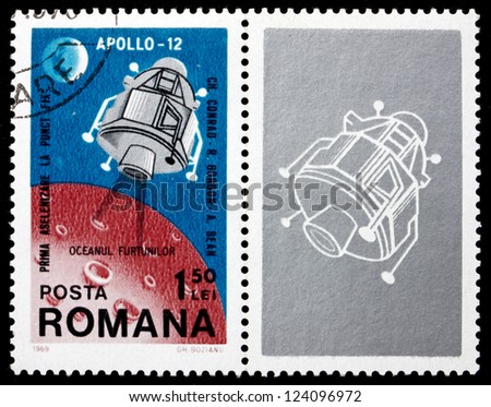 ROMANIA - CIRCA 1969: a stamp printed in the Romania shows Apollo 12 Landing Module, 2nd Landing on the Moon, Intrepid, circa 1969