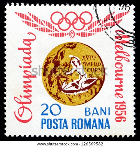 ROMANIA - CIRCA 1964: a stamp printed in the Romania shows Canadian Kayak Singles, Melbourne1956, Romanian Olympic Gold Medal, circa 1964