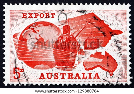 AUSTRALIA - CIRCA 1963: a stamp printed in the Australia shows Globe, Ship, Plane and Map of Australia, Importance of Exports to Australian Economy, circa 1963