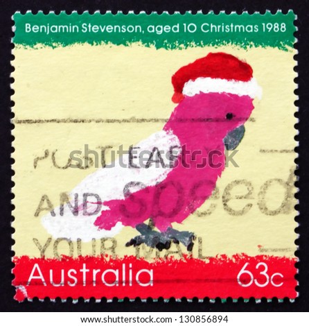 AUSTRALIA - CIRCA 1988: a stamp printed in the Australia shows Cockatoo Wearing a Santa Hat, by Benjamin Stevenson, Children'??s Design, Christmas, circa 1988