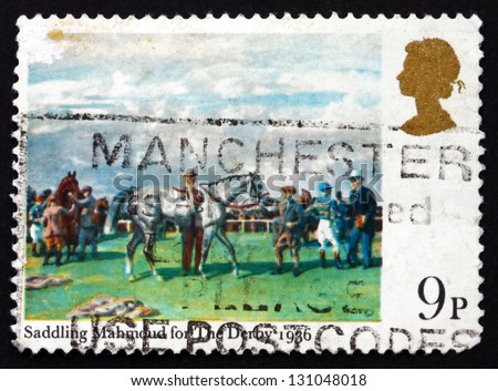GREAT BRITAIN - CIRCA 1979: a stamp printed in the Great Britain shows Saddling Mahmoud for the Derby 1936, Painting by Alfred Munnings, circa 1979