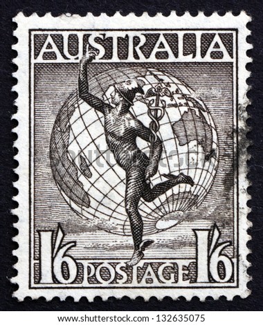 AUSTRALIA - CIRCA 1949: a stamp printed in the Australia shows Mercury and Globe, circa 1949