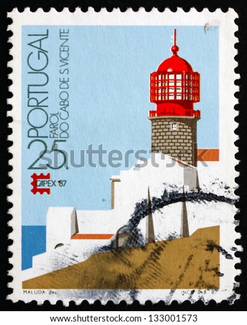 PORTUGAL - CIRCA 1987: a stamp printed in the Portugal shows Cape St. Vincente, Lighthouse, circa 1987