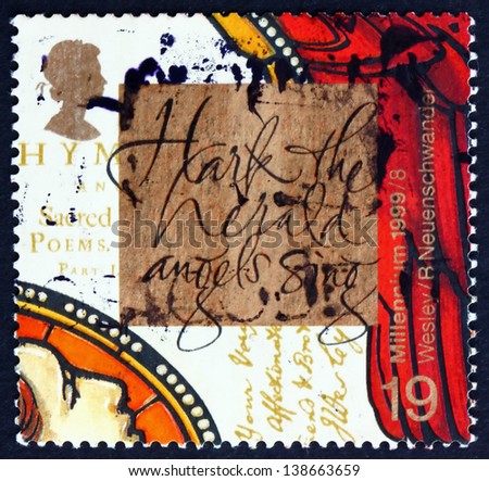 GREAT BRITAIN - CIRCA 1999: a stamp printed in the Great Britain shows John Wesley Founder of Methodism, and Hark, The Herald Angels Sing, Hymn by Brother Charles, circa 1999