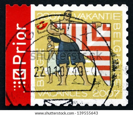 BELGIUM - CIRCA 2007: a stamp printed in the Belgium shows Woman and Man with Kite, Vacations, circa 2007