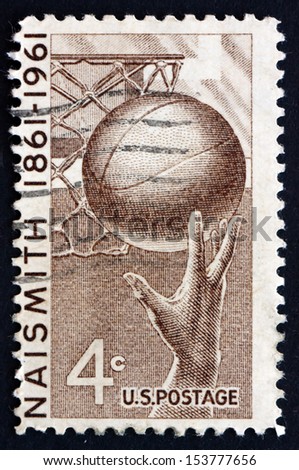 UNITED STATES OF AMERICA - CIRCA 1961: a stamp printed in the USA shows Basketball, James Naismith who Invented the Game in 1891, circa 1961