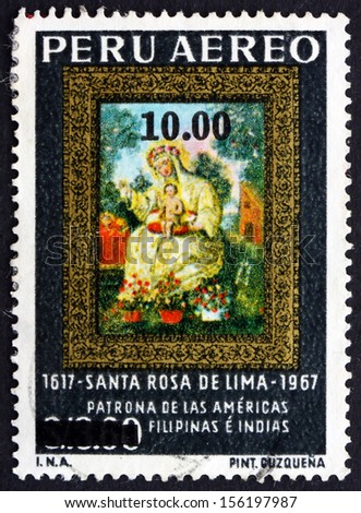 PERU - CIRCA 1977: a stamp printed in the Peru shows St. Rosa of Lima, Painting of Cuzquena School, 17th Century, circa 1977