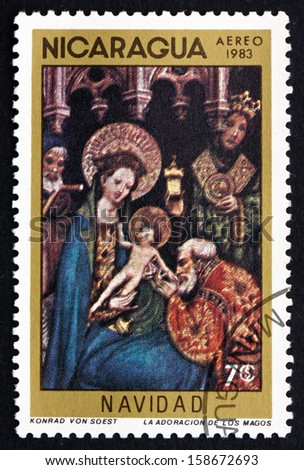 NICARAGUA - CIRCA 1983: a stamp printed in Nicaragua shows Adoration of the Kings, Painting by Konrad von Soest, Christmas, circa 1983