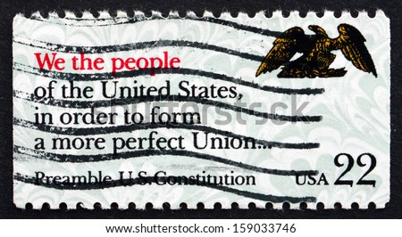 UNITED STATES OF AMERICA - CIRCA 1987: a stamp printed in the USA shows Preamble, US Constitution, Drafting of the Constitution Bicentennial, We the People, circa 1987