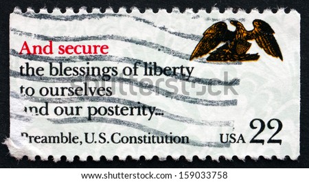 UNITED STATES OF AMERICA - CIRCA 1987: a stamp printed in the USA shows Preamble, US Constitution, Drafting of the Constitution Bicentennial, And Secure, circa 1987