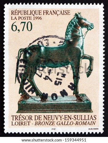 FRANCE - CIRCA 1996: a stamp printed in the France shows Gallo-Roman Bronze Statue of Horse, Neuvy-en-Sullias, Loiret, circa 1996