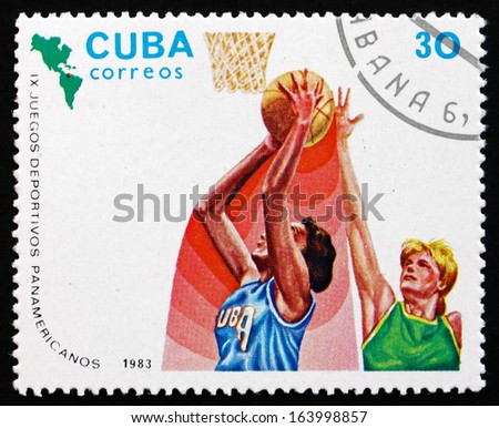 CUBA - CIRCA 1983: a stamp printed in the Cuba shows Basketball, 9th Pan American Games, Caracas, circa 1983