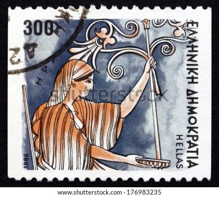 GREECE - CIRCA 1986: a stamp printed in the Greece shows Hera, Greek Goddess of Women and Marriage, Wife and One of Three Sisters of Zeus, Ancient Greek Religion, circa 1986