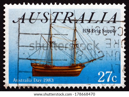 AUSTRALIA - CIRCA 1983: a stamp printed in the Australia shows HM Brig Supply, Sailing Ship, Australia Day