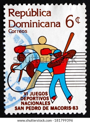 DOMINICAN REPUBLIC - CIRCA 1983: a stamp printed in Dominican Republic shows Bicycling, Boxing, Baseball, 6th National Games, circa 1983