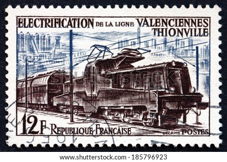 FRANCE - CIRCA 1955: a stamp printed in the France shows Electric Train, Electrification of the Valenciennes-Thionville Railroad Line, circa 1955