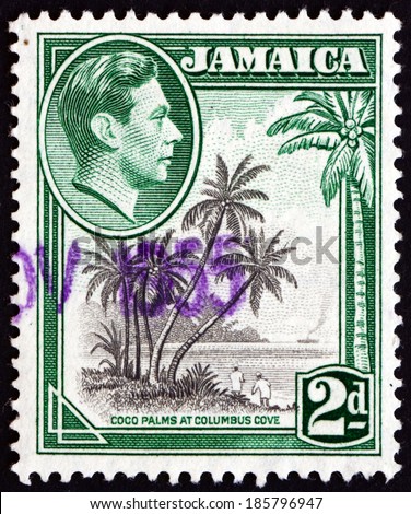 JAMAICA - CIRCA 1938: a stamp printed in Jamaica shows Coco Palms at Columbus Cove, circa 1938