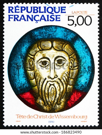 FRANCE - CIRCA 1990: a stamp printed in the France shows Head of Christ, Wissembourg, Stained Glass Window, circa 1990