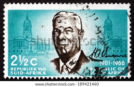 SOUTH AFRICA - CIRCA 1966: a stamp printed in South Africa shows Dr. Hendrik F. Verwoerd, Prime Minister, and Union Buildings Pretoria, circa 1966