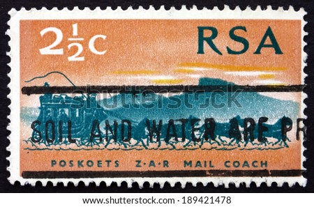 SOUTH AFRICA - CIRCA 1969: a stamp printed in South Africa shows Stagecoach of 1869, Centenary of South African Postage Stamps, circa 1969