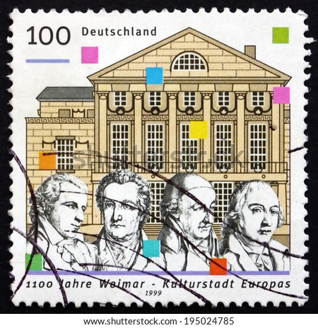 GERMANY - CIRCA 1999: a stamp printed in the Germany shows Weimar, 1999 European City of Culture, 1100th Anniversary, circa 1999