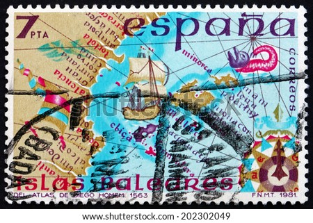 SPAIN - CIRCA 1981: a stamp printed in the Spain shows Map of Balearic Islands, Archipelago of Spain in the Western Mediterranean Sea, Diego Homems Atlas, 1563, circa 1981