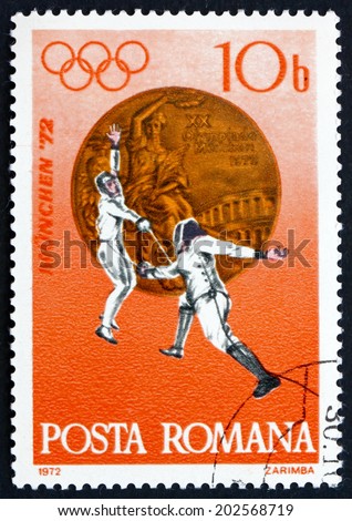 ROMANIA - CIRCA 1972: a stamp printed in Romania shows Fencing, Bronze Medal at 20th Olympic Games, Munich, circa 1972