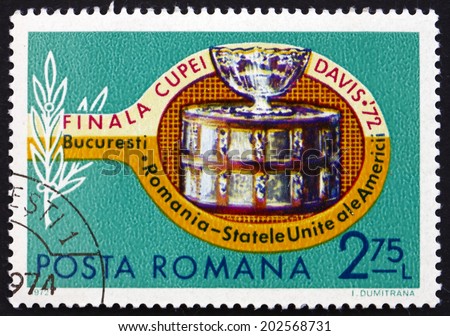 ROMANIA - CIRCA 1972: a stamp printed in Romania shows Tennis Racket and Davis Cup, Davis Cup Finals between Romania and US, Bucharest, circa 1972