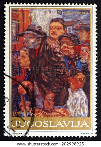 YUGOSLAVIA - CIRCA 1975: a stamp printed in the Yugoslavia shows People at the Door, Vinko Grdan, Social Painting, circa 1975