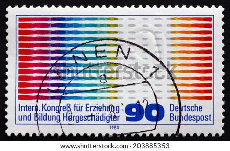 GERMANY - CIRCA 1980: a stamp printed in the Germany shows Oscilogram Pulses and Ear, 16th International Congress for the Training and Education of the Hard of Hearing, Hamburg, circa 1980