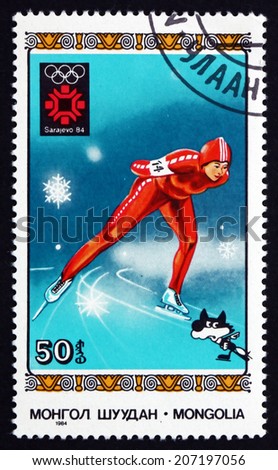 MONGOLIA - CIRCA 1984: a stamp printed in Mongolia shows Speed Skating, 1984 Winter Olympic Games, Sarajevo, circa 1984