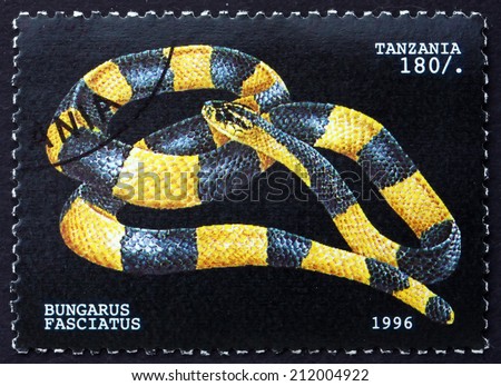 TANZANIA - CIRCA 1996: a stamp printed in Tanzania shows Banded Krait, Bungarus Fasciatus, Snake, circa 1996