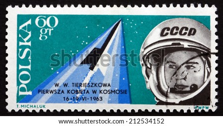 POLAND - CIRCA 1963: a stamp printed in the Poland shows Valentina Tereshkova, First Woman Cosmonaut, circa 1963